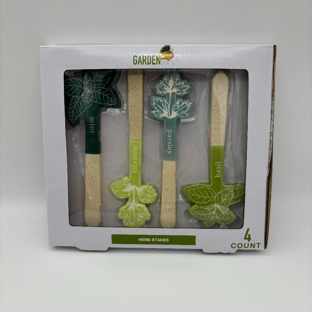 Garden Party 4pc Herb Stakes Decor Set, Mint Cilantro Parsley Basil NEW Garden